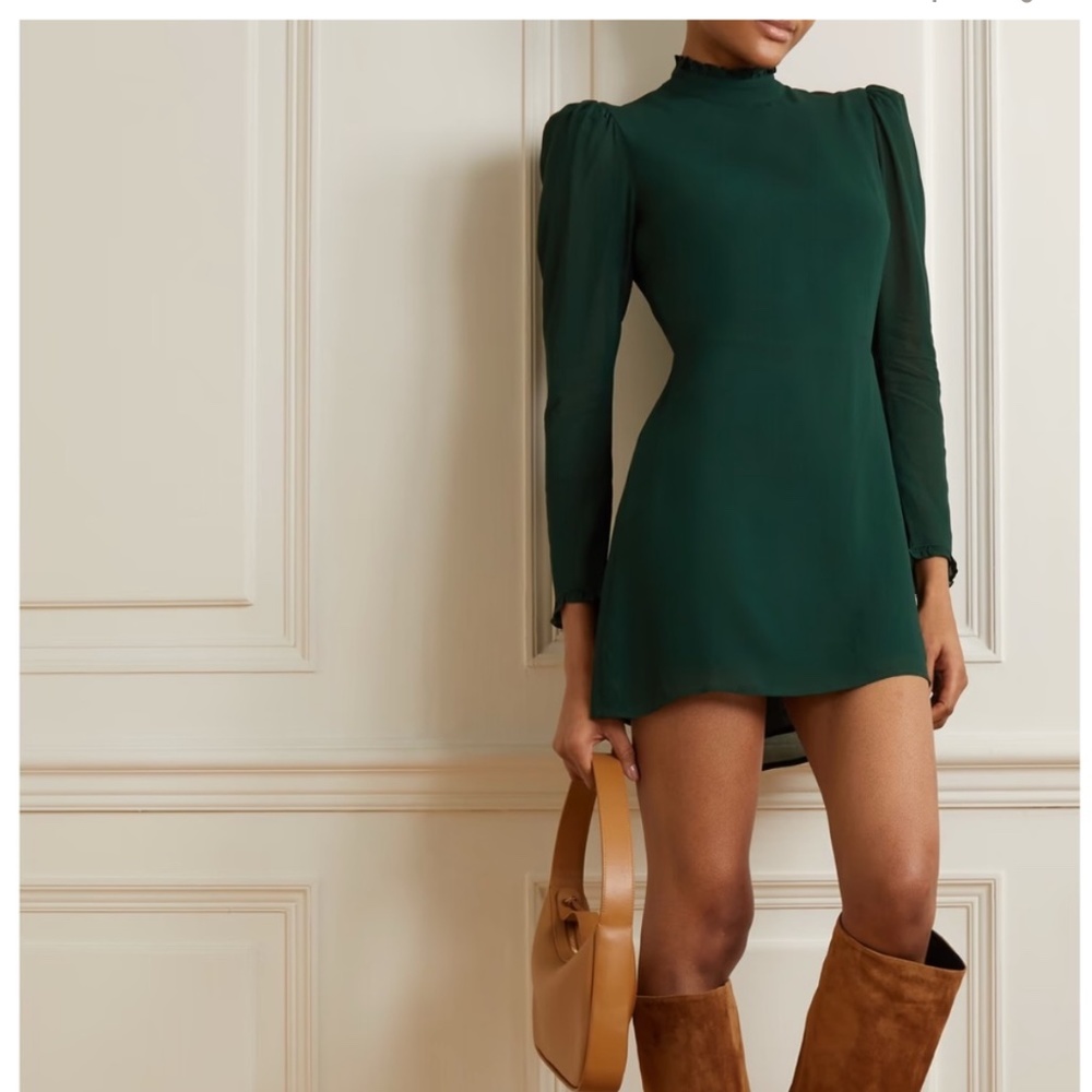 REFORMATION NWT Lewis Ruffled Crepe Mini Dress Green Long Sleeve 8